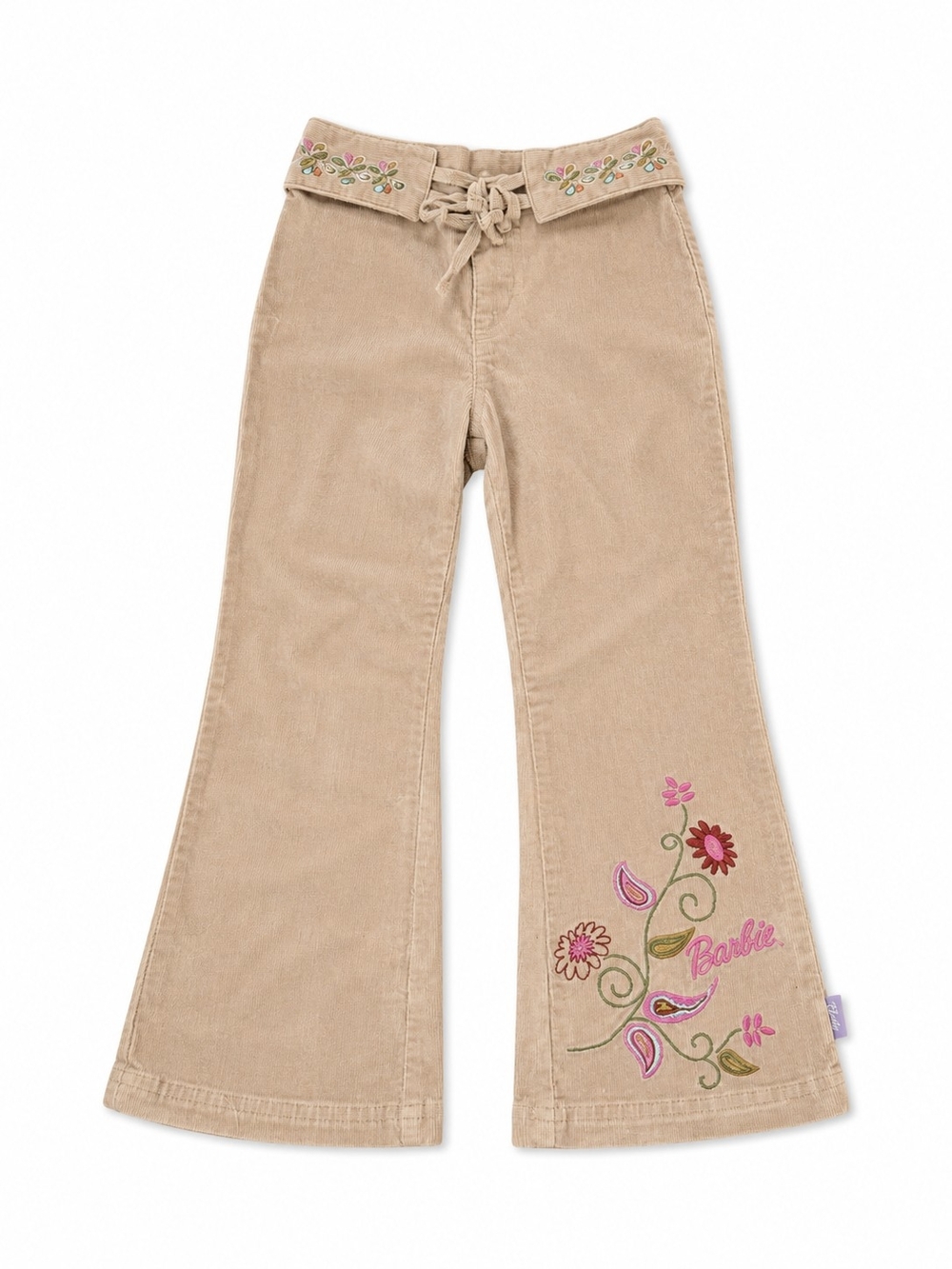 Barbie Girls Beige Corduroy Flare Pants Size 5 Embroidered Floral Y2K - Picture 2 of 7